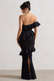 Cinematic Black Bardot Ruffled Fishtail Maxi Dress