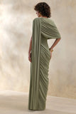Gisara Olive High Neck Maxi Dress With Sash And Draped Detailing