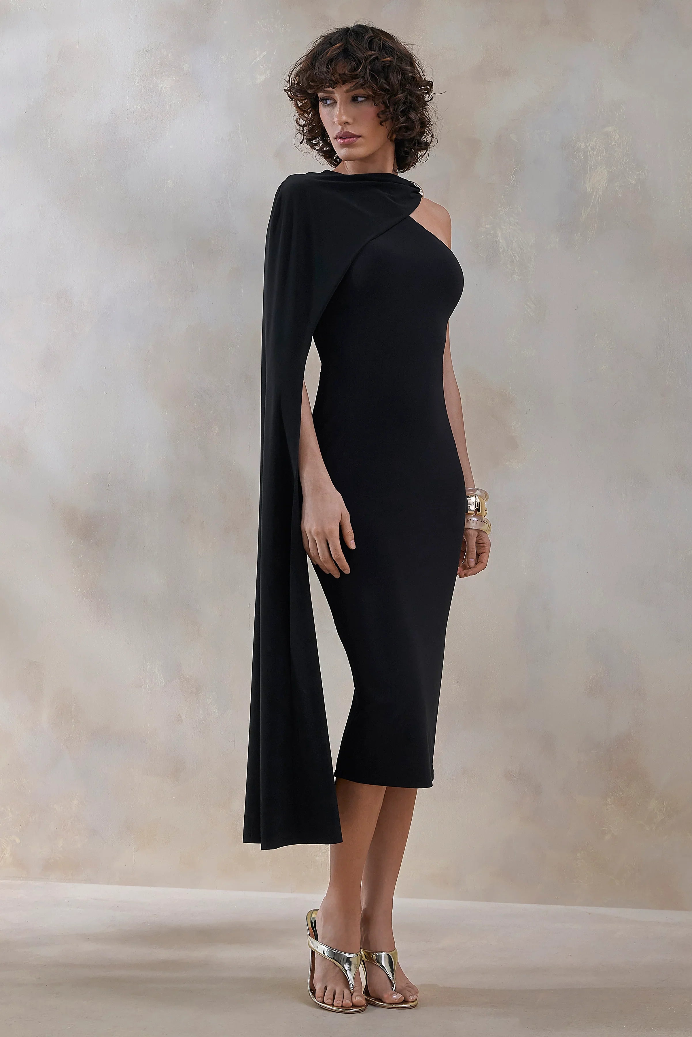 Misoria Black High Neck Midi Dress With Cape Sleeve