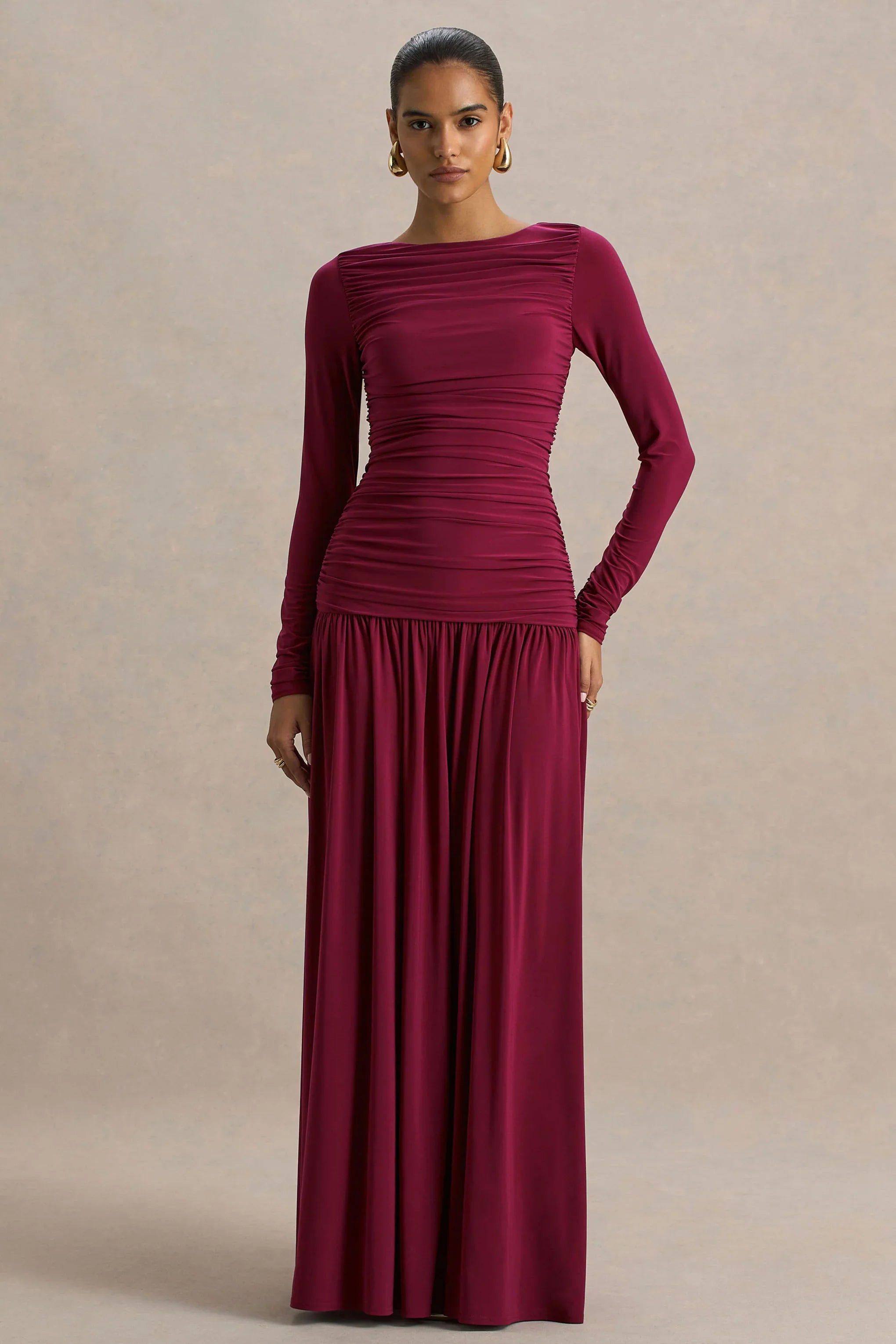 Aniyah Burgundy Slashed Neck Maxi Dress With Ruched Detailing