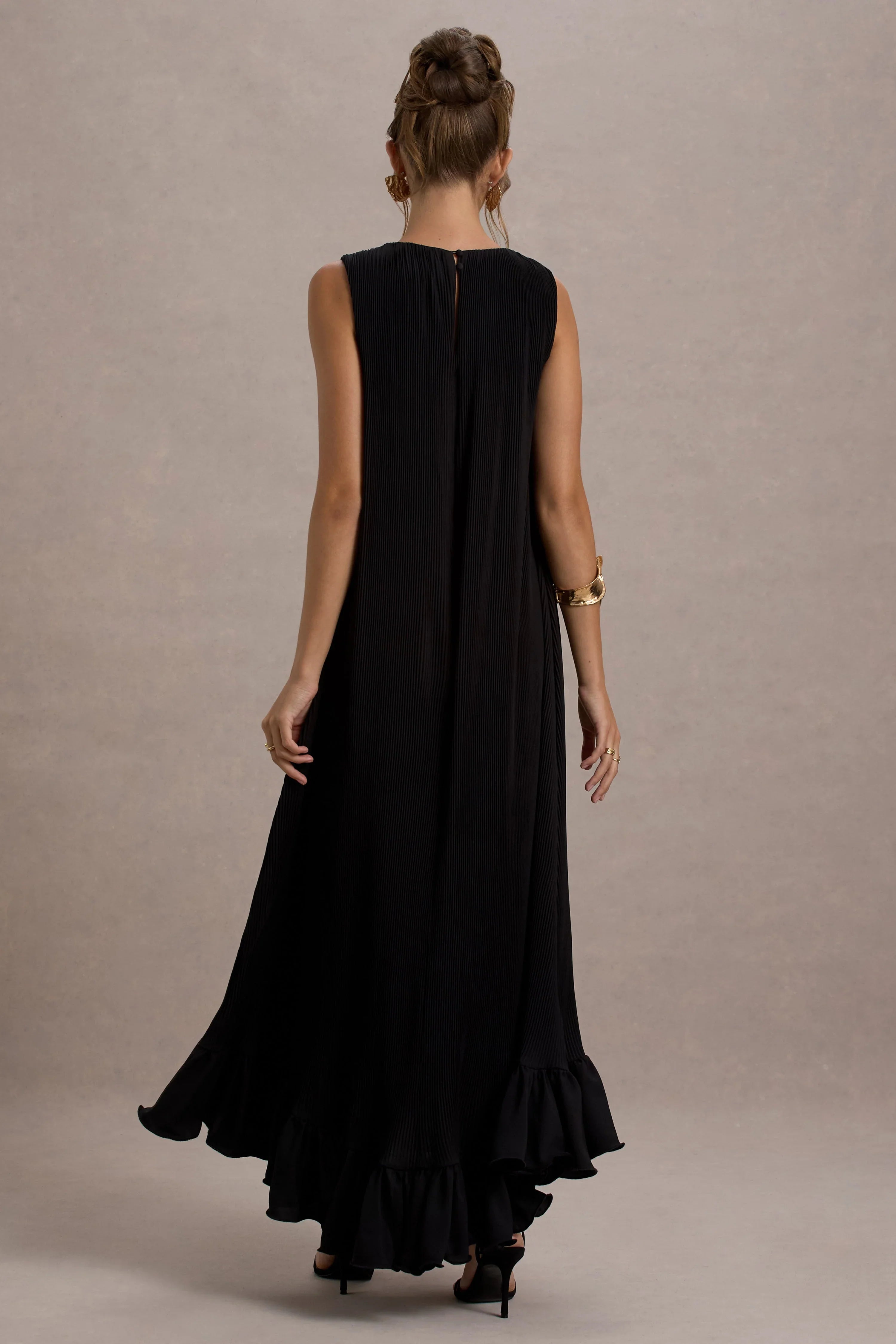 Hazelle Black Chiffon A Line Ruffled Maxi Dress