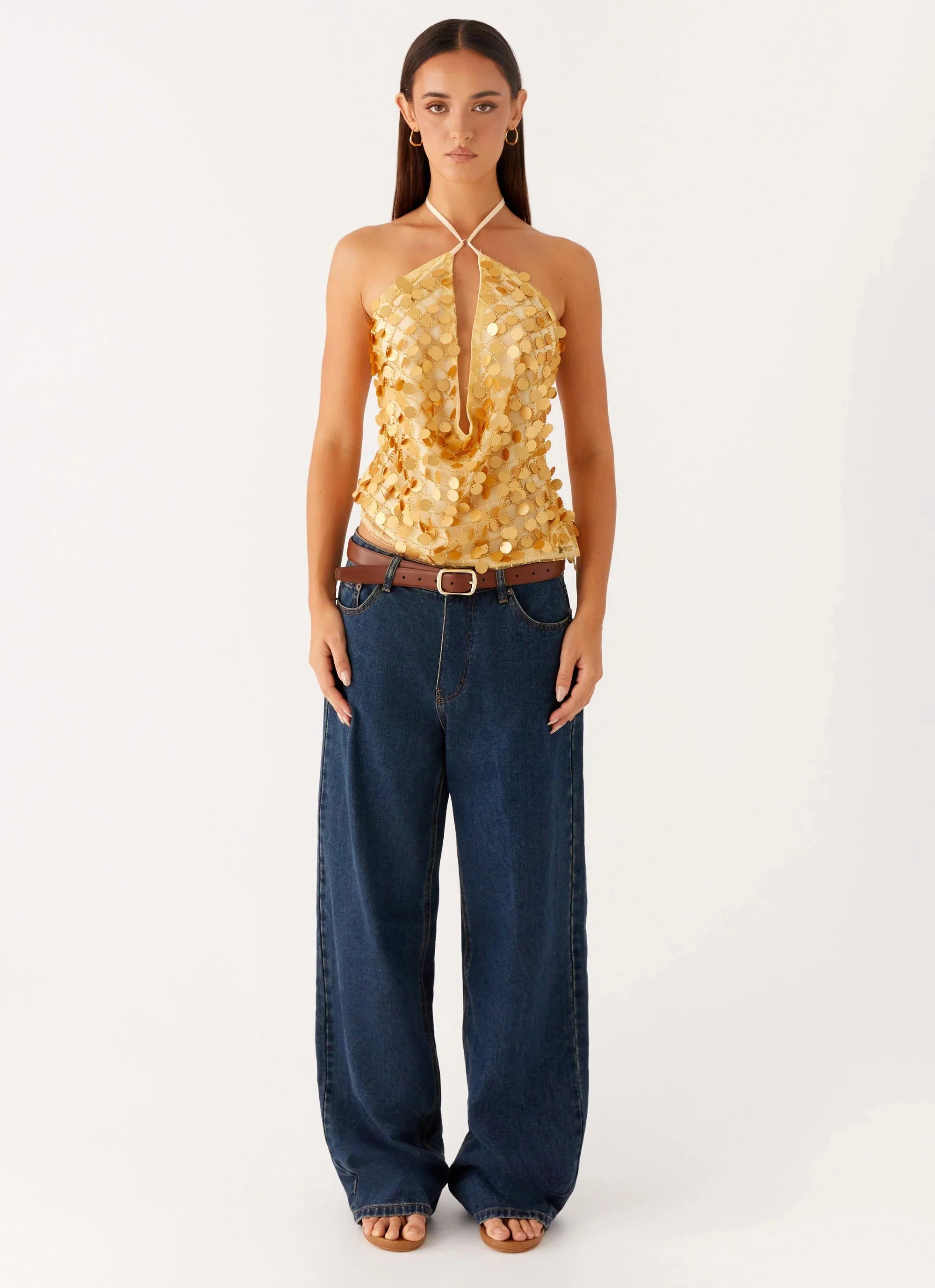Xander Sequin Halter Top Gold