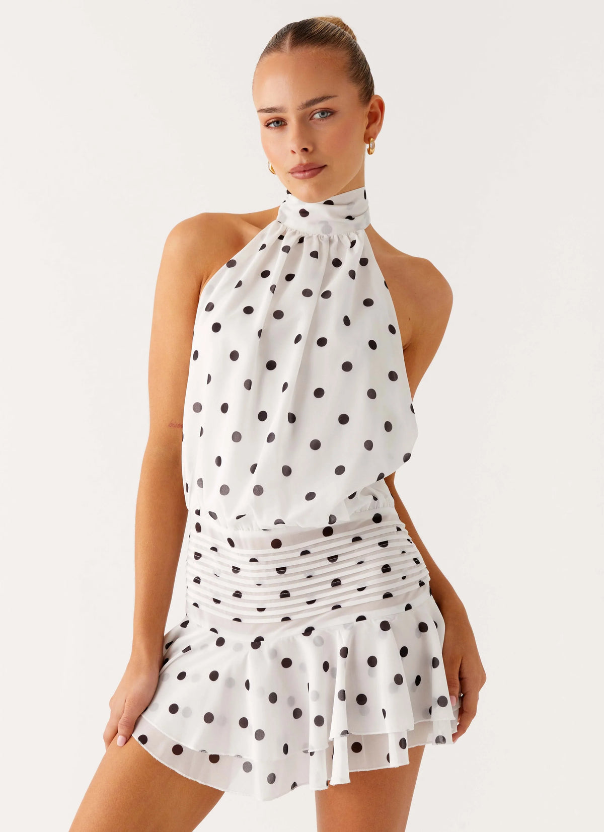 Willow Chiffon Mini Dress White Polka Dot