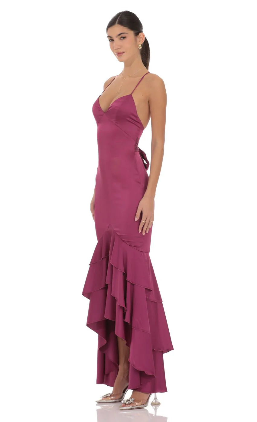 Satin Ruffle Fishtail Maxi Dress in Magenta