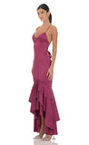 Satin Ruffle Fishtail Maxi Dress in Magenta