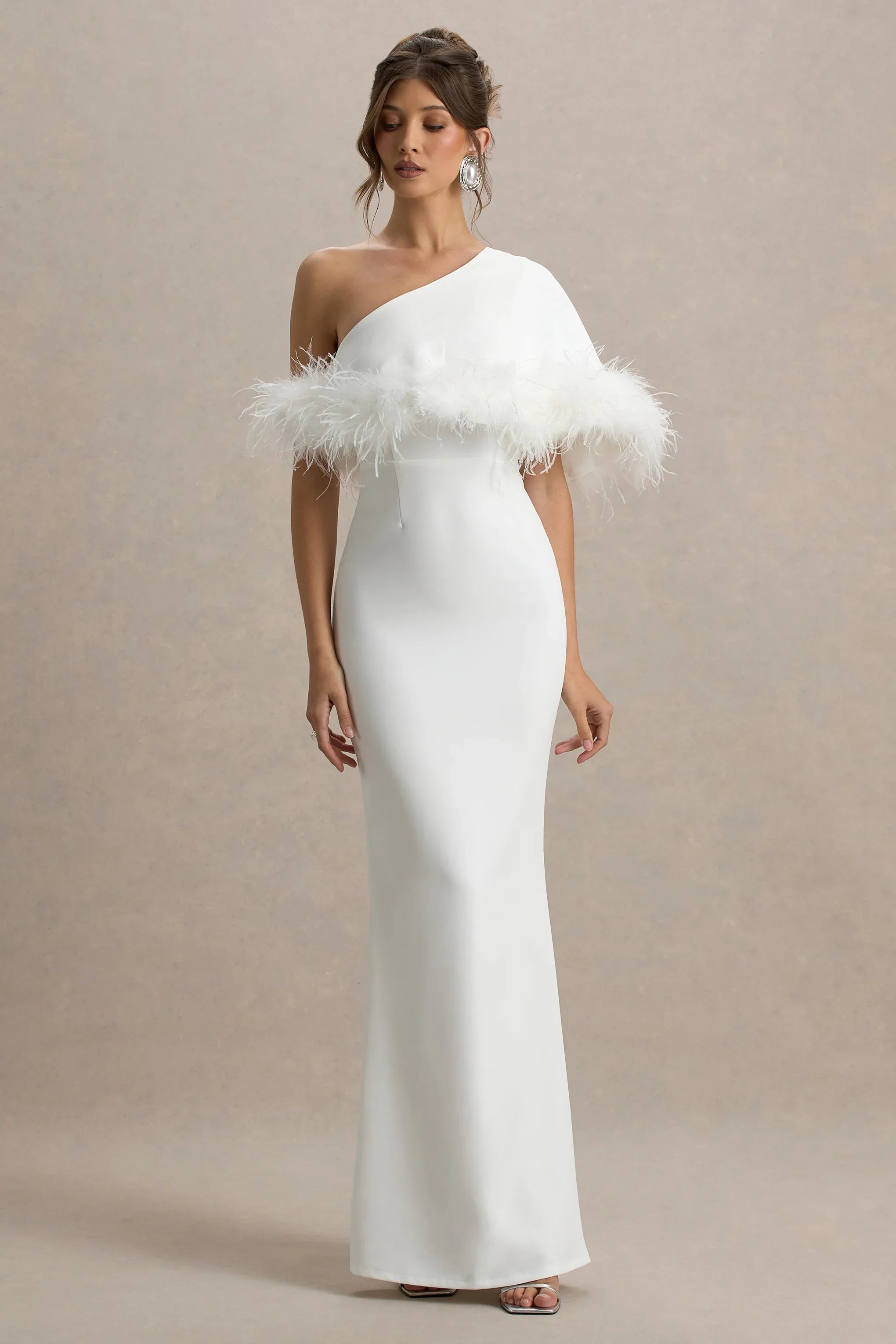 Valor White Asymmetric Maxi Dress With Feather Trim