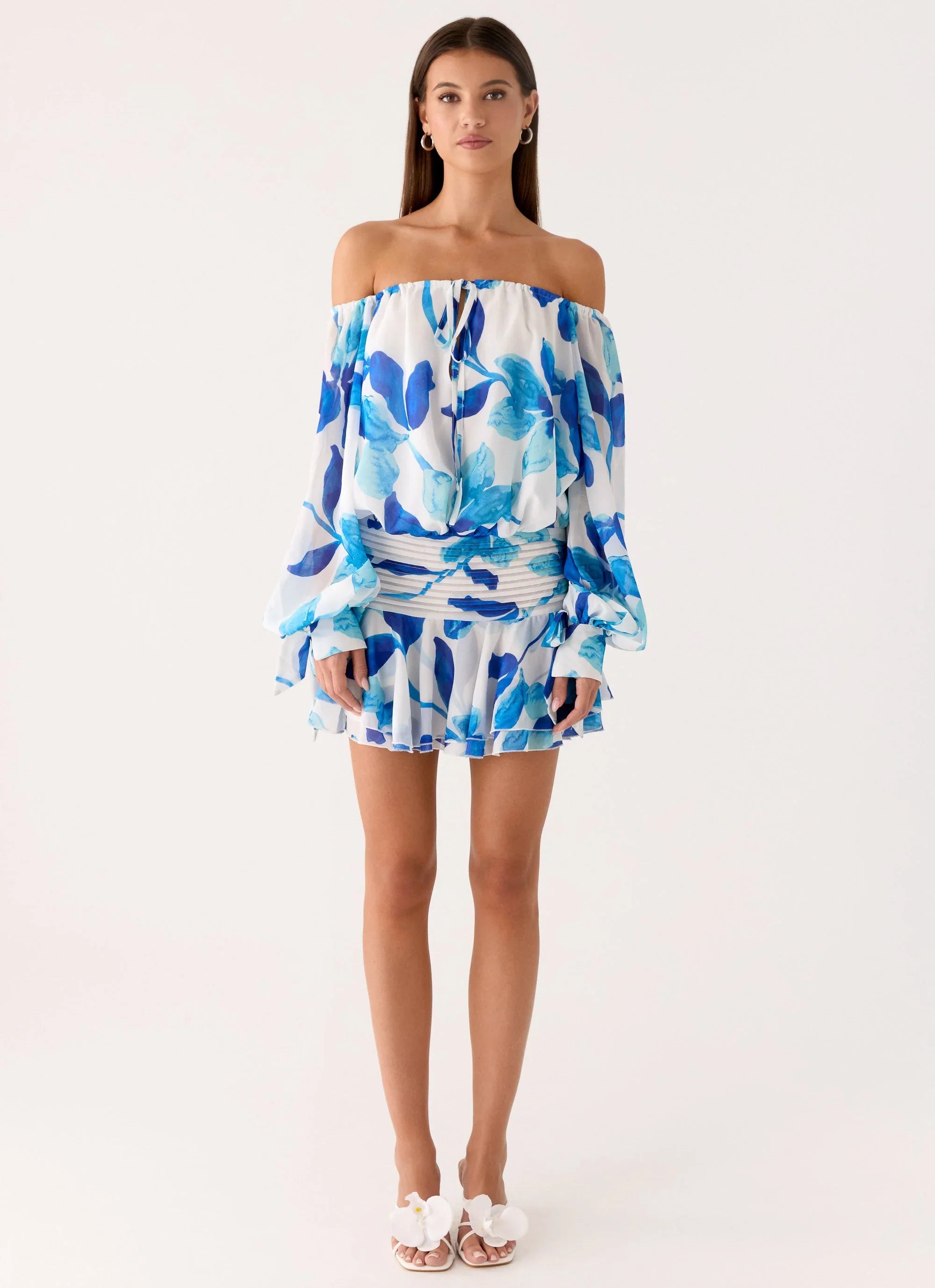 Eira Balloon Sleeve Mini Dress Cerulean Bloom
