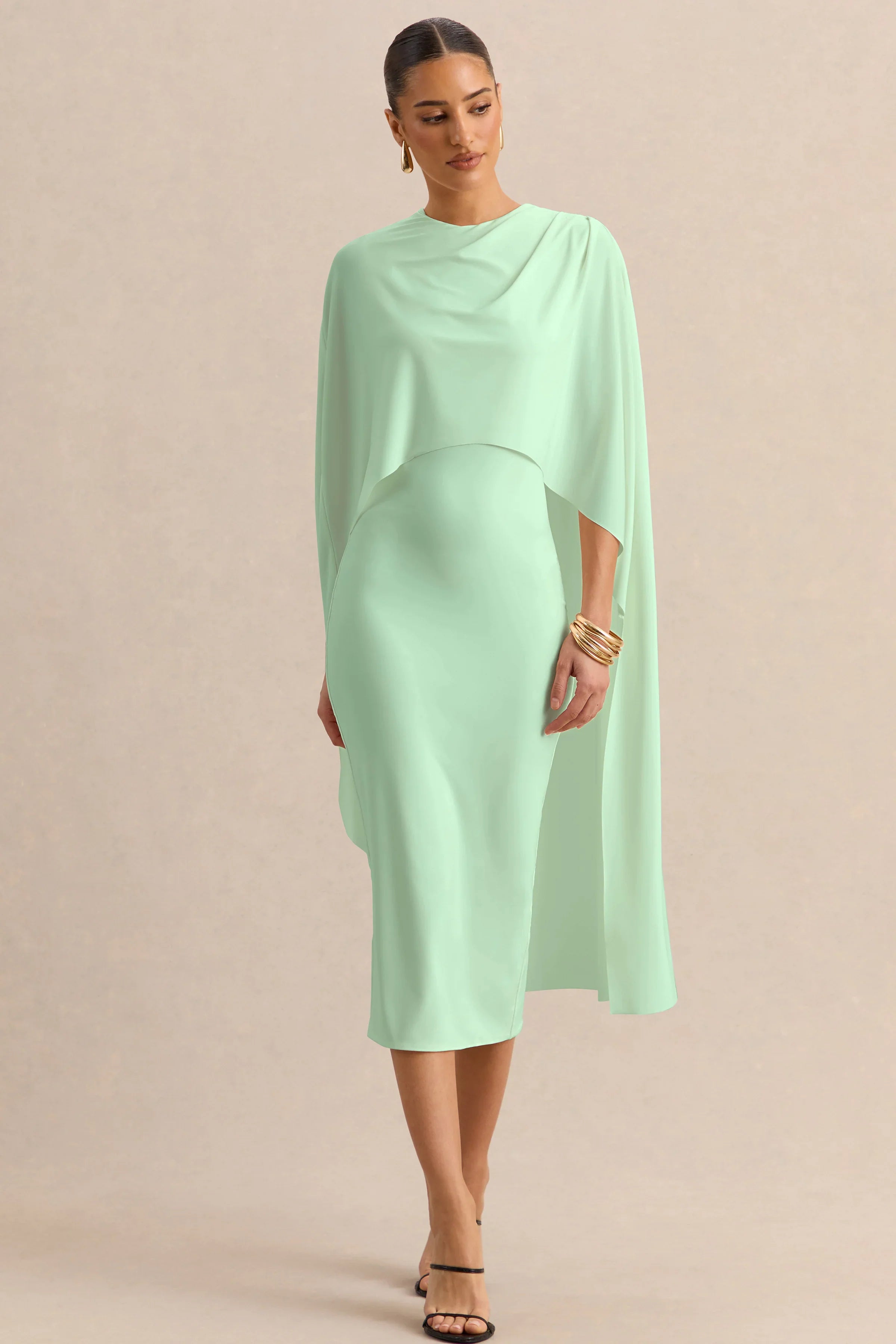 Luxalyn Green Round Neck Midi Dress With Cape Detail