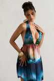 Naxos Multi Blur Print Plunge Neck Babydoll Mini Dress
