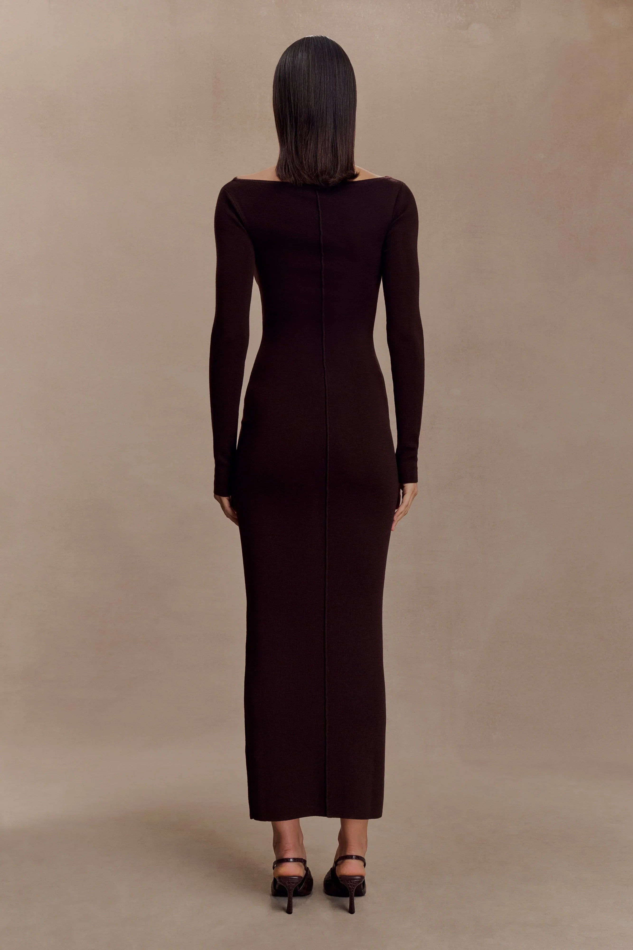 Cleona Merino Wool Ribbed Long Sleeve Maxi Dress Deep Chocolate