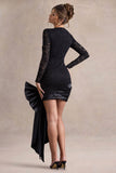 Evry Black Lace Long Sleeve Mini Dress With Oversized Satin Bow