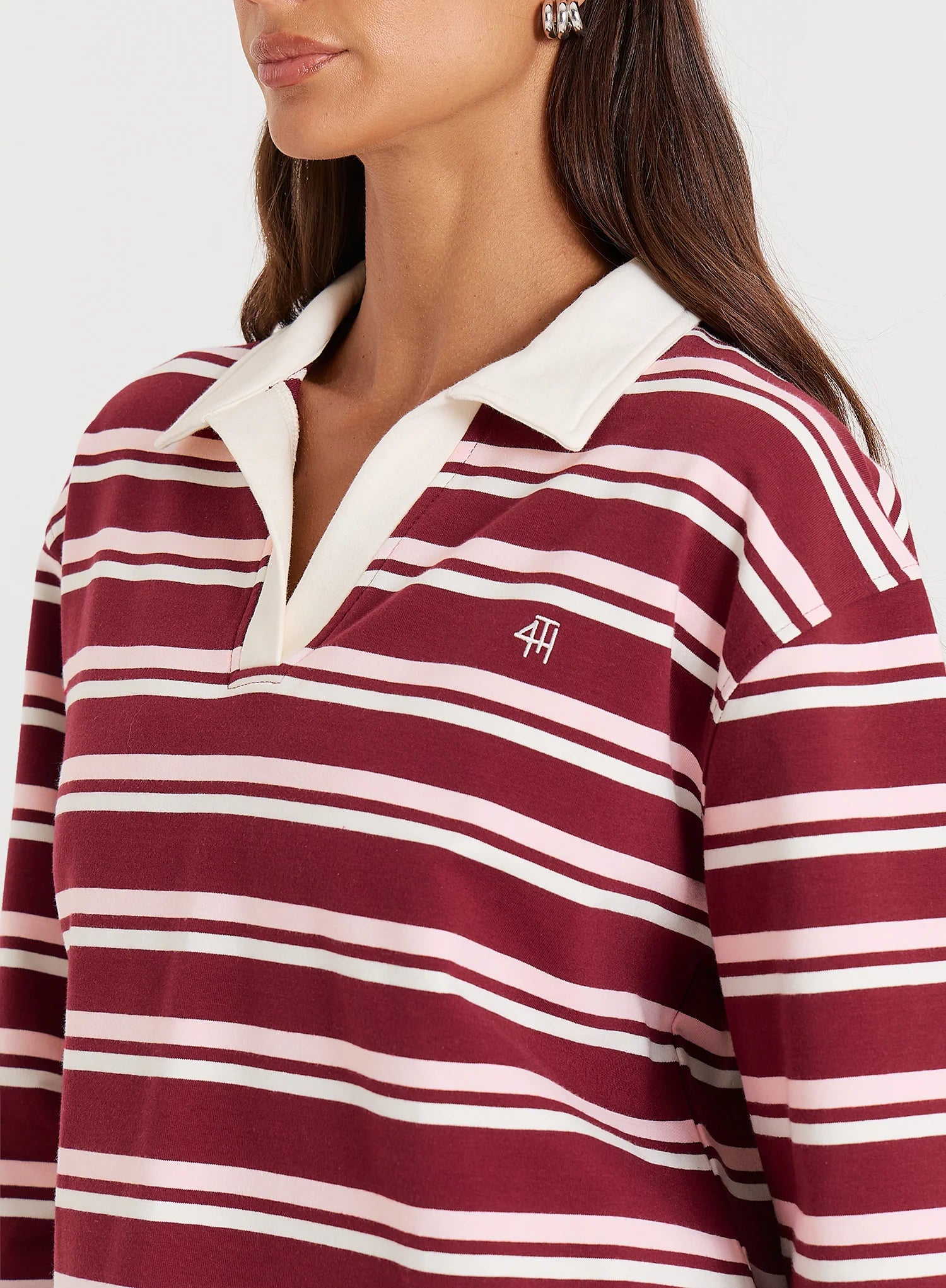Burgundy And White Thin Striped Rugby Top