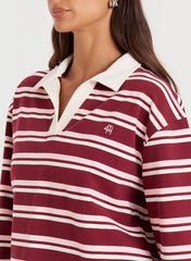 Burgundy And White Thin Striped Rugby Top