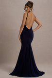 Adele Navy Backless Ruched Fishtail Cami Maxi Dress