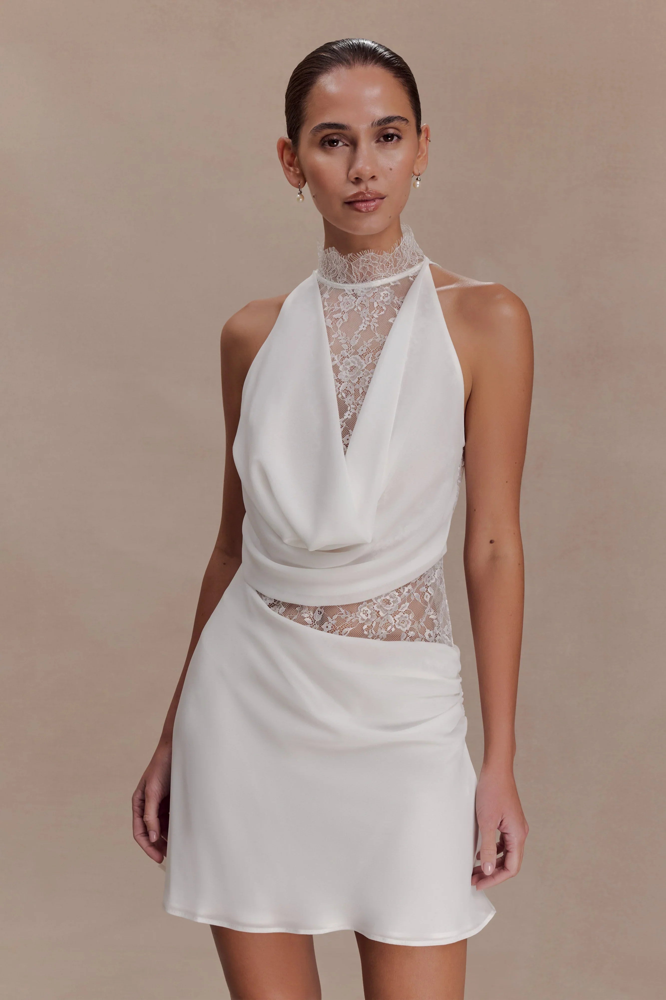 Arra Chiffon And Lace Halter Mini Dress White