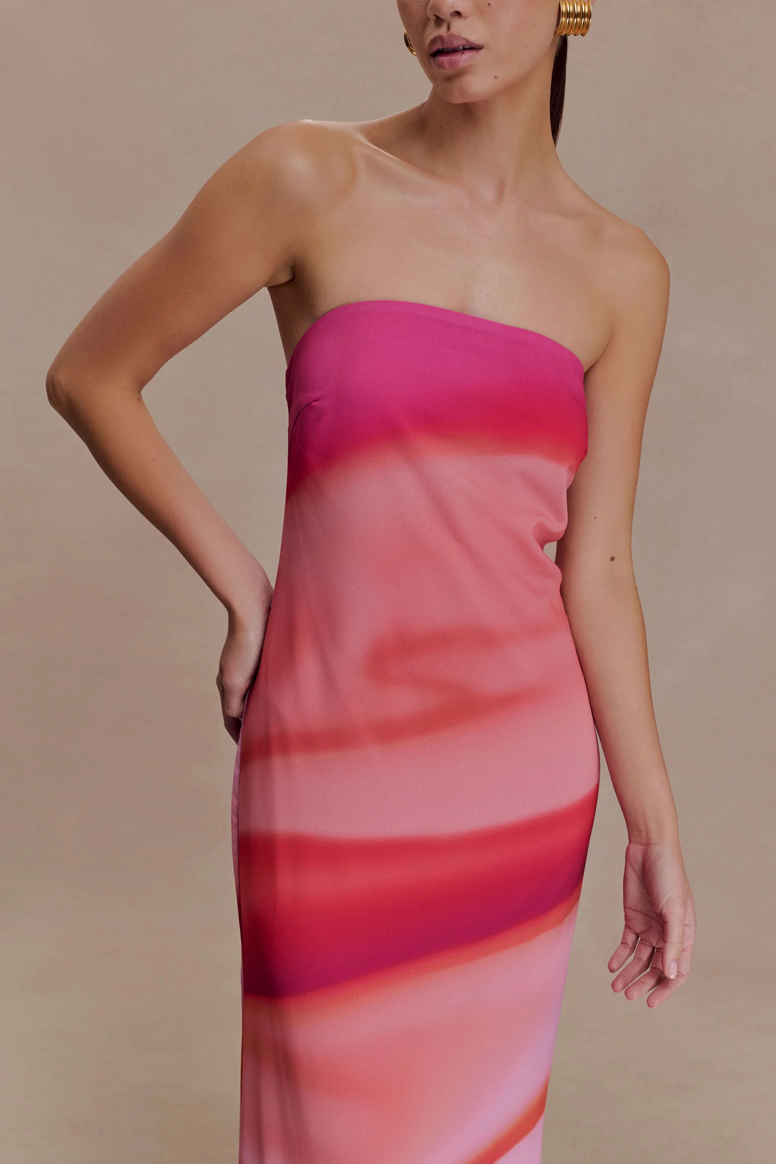 Amaya Strapless Chiffon Maxi Dress Pink Sunset Print