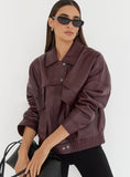 Burgundy Textured Faux Leather Cropped Jacket
