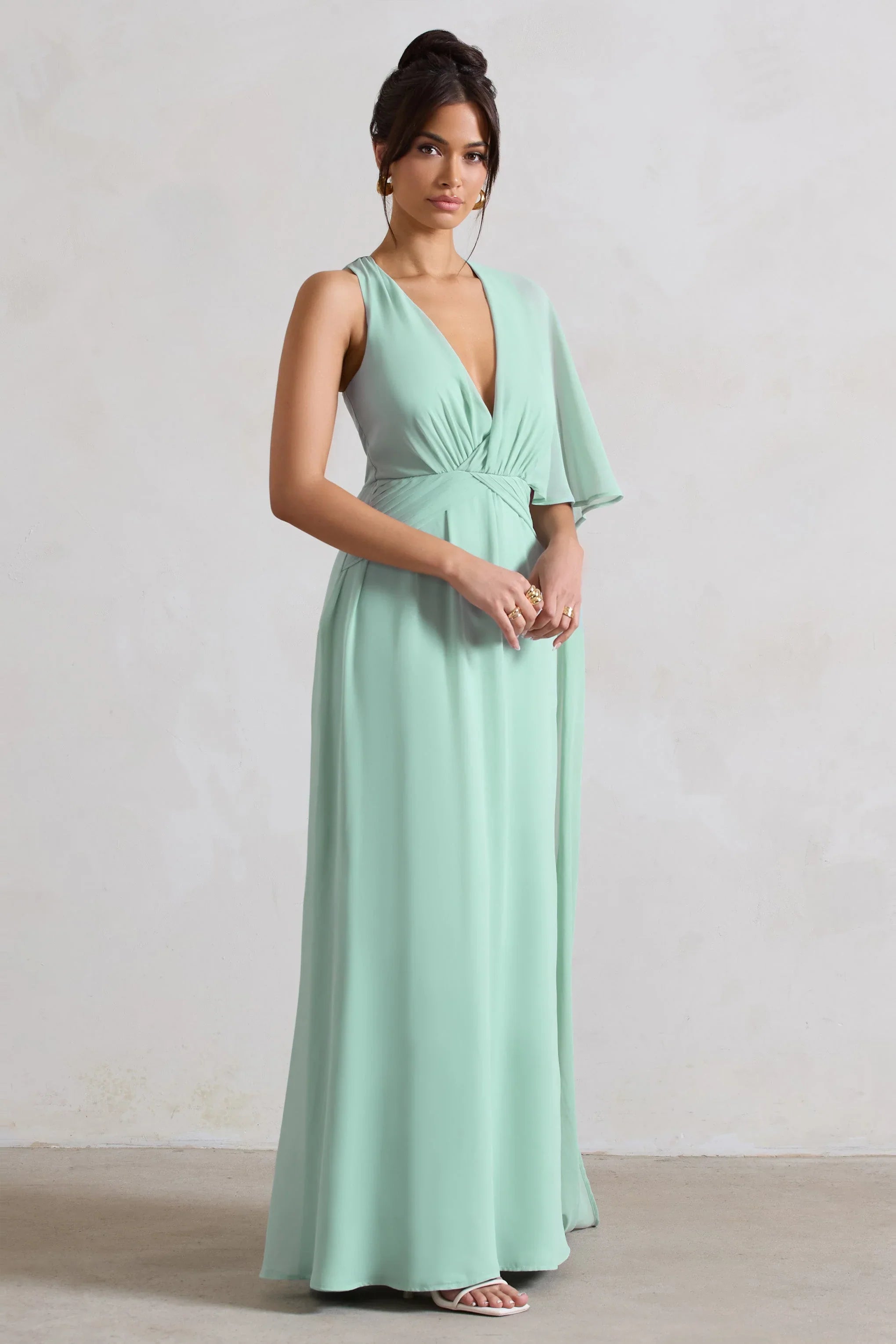 Fairytale Sage Plunge Neck Chiffon Maxi Dress With Cape Sleeve