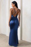 Lifetime Navy Satin Cowl Neck Maxi Dress With Cross Back Detail