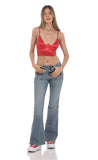 Satin V Neck Crop Top in Red