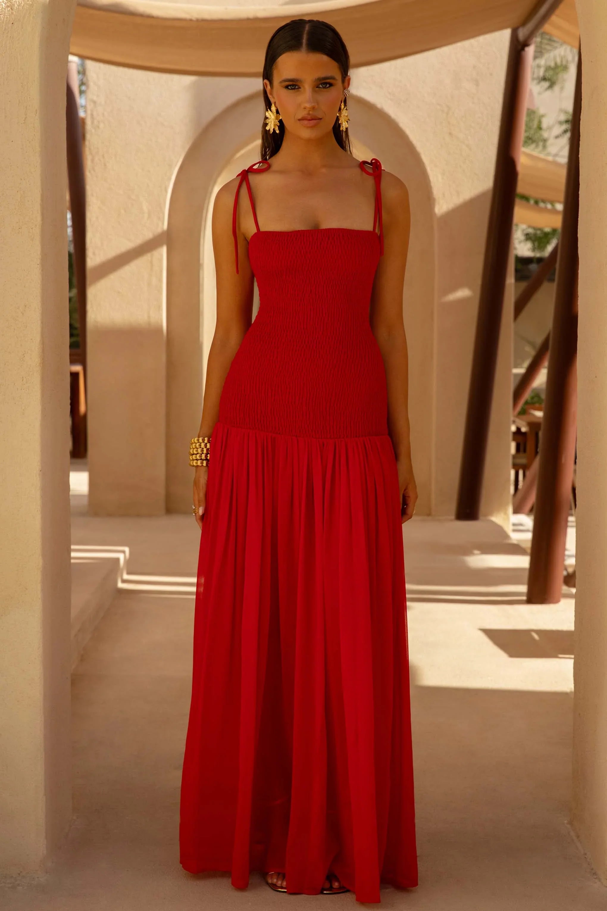 Maeva Red Square Neck Fishtail Maxi Dress With Ruched Detailing