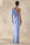 Malika Powder Blue Asymmetric Neck Maxi Dress With Body Cut Out And Gathered Detailing