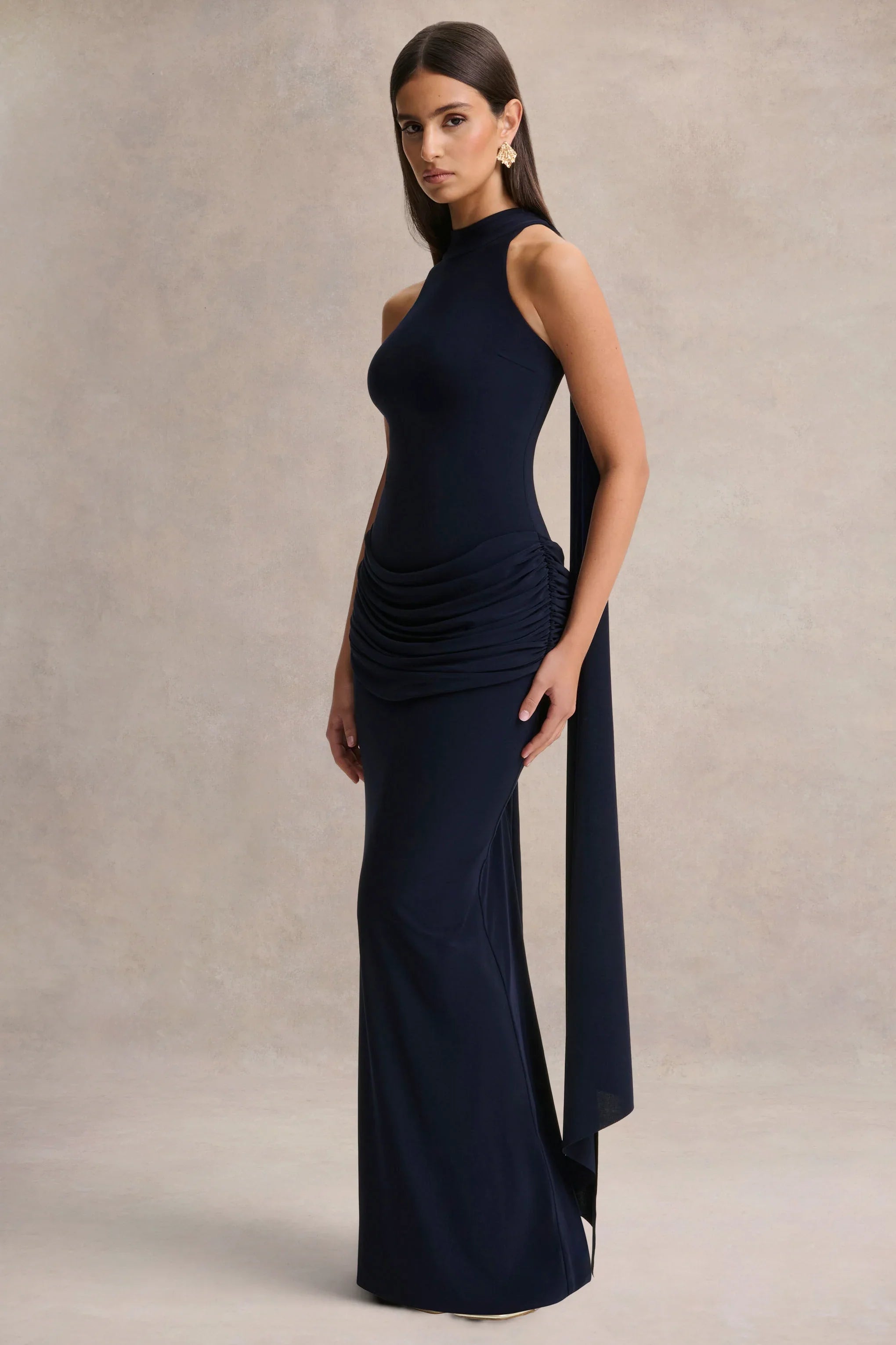Hesperia Navy High Neck Maxi Dress With Draped Detailing And Scarf
