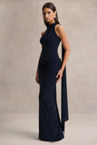 Hesperia Navy High Neck Maxi Dress With Draped Detailing And Scarf