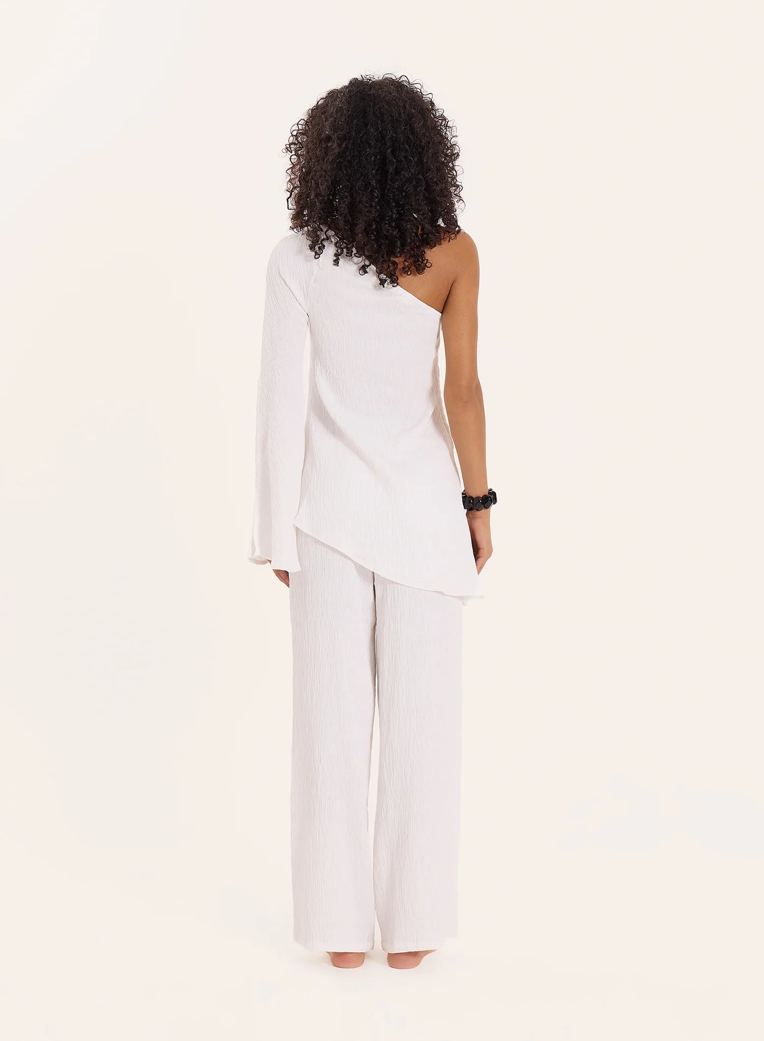 Cream Crinkle One Shoulder Flared Sleeve Top