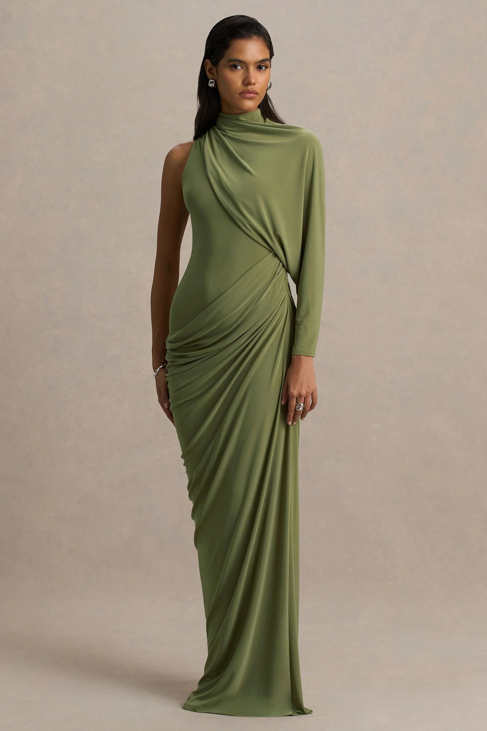 Aphra Green High Neck Maxi Dress With Cape Sleeve