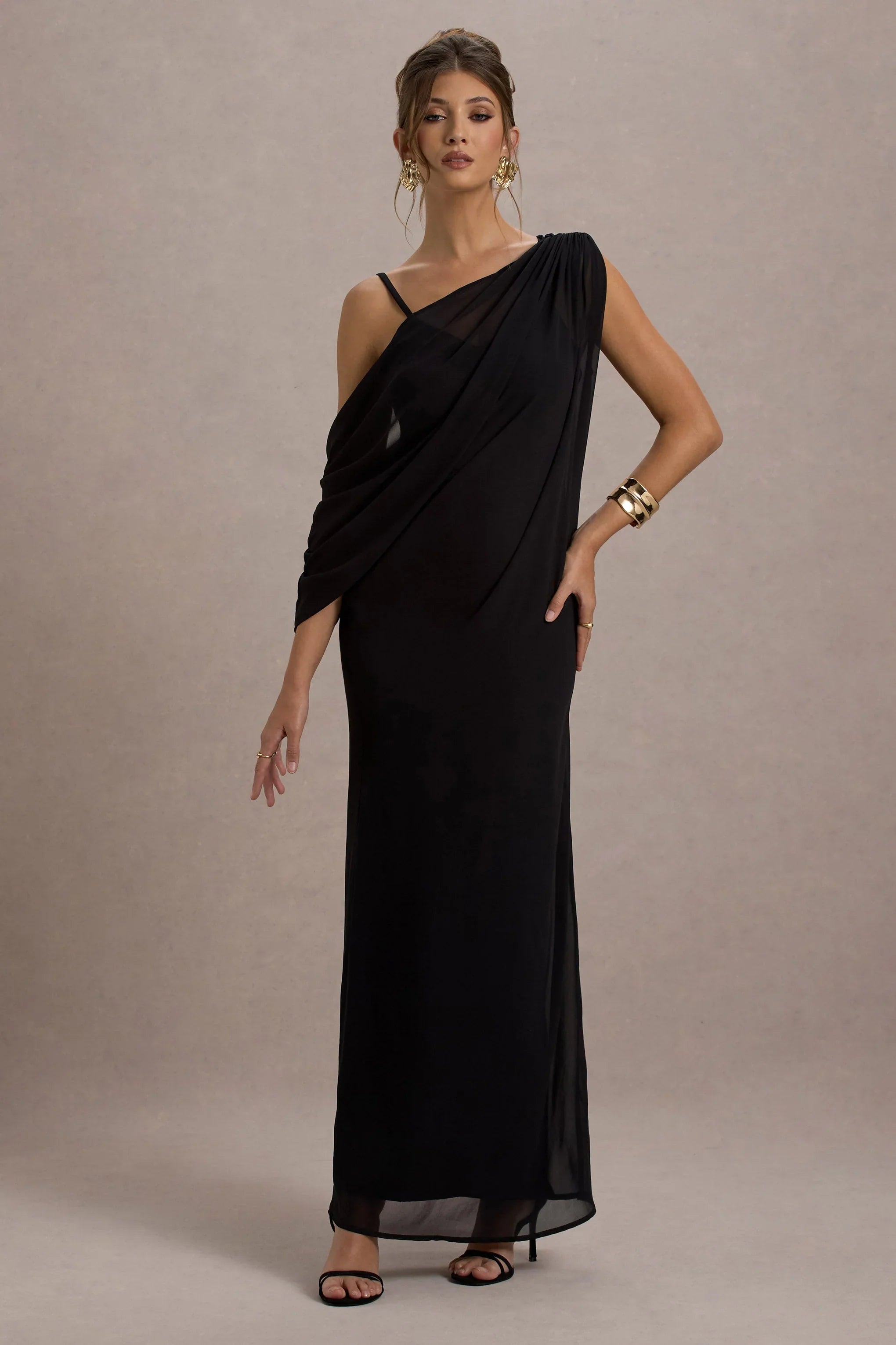 Aeliana Black Strappy V Neck Maxi Dress With Chiffon Sash