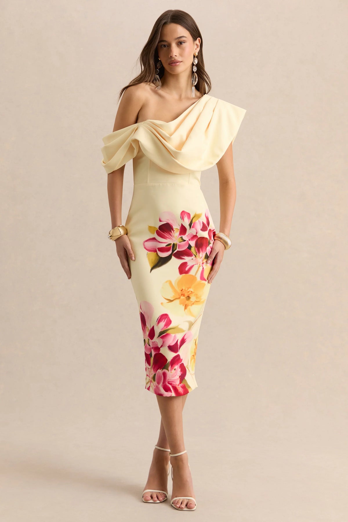 Adrina Hot Pink Lemon Floral Print Draped One Shoulder Midi Dress