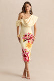 Adrina Hot Pink Lemon Floral Print Draped One Shoulder Midi Dress