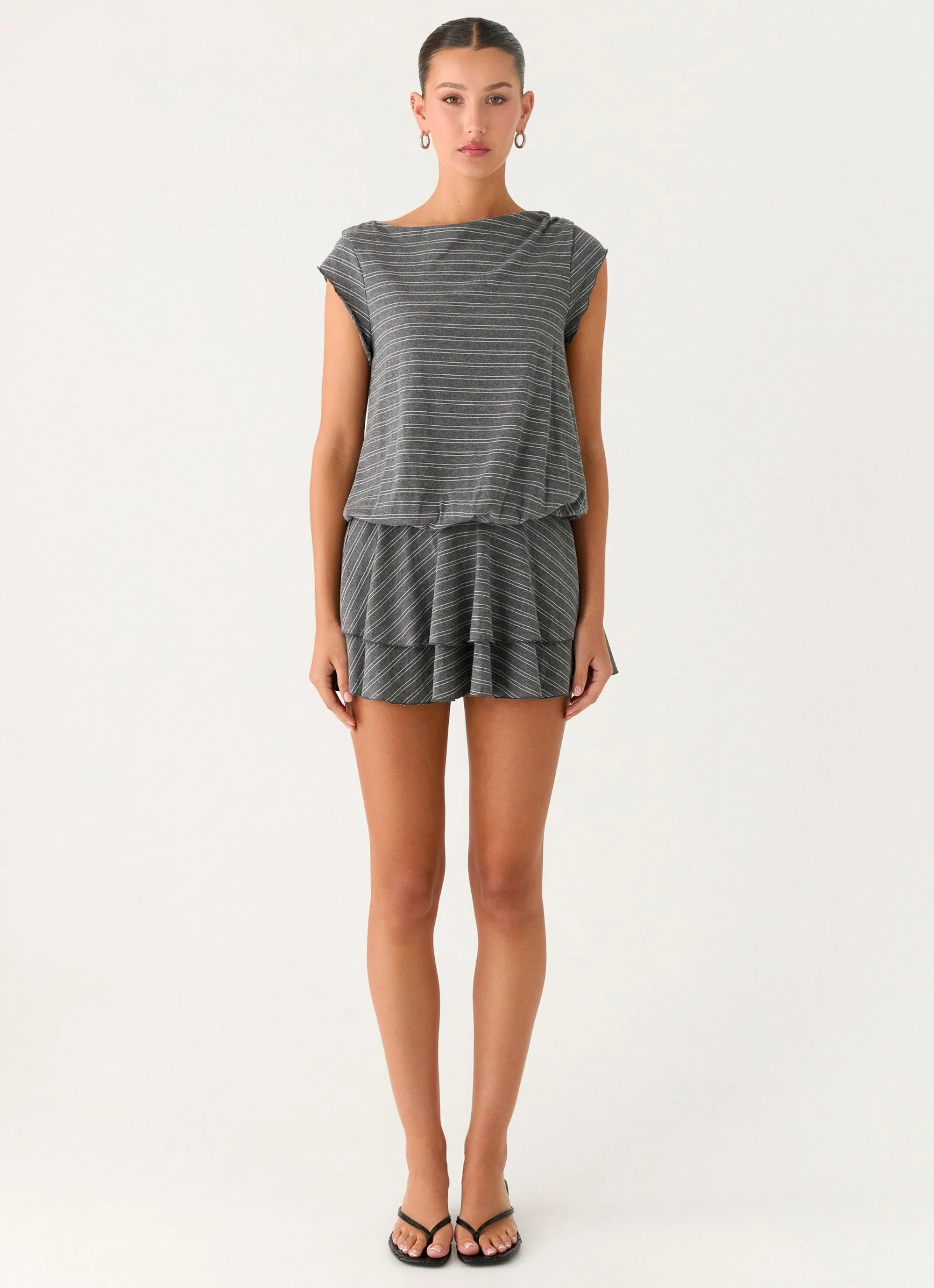 Bambola Wide Neck Mini Dress Grey Marle Stripe