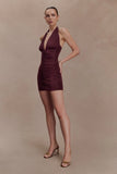Fleur Ruched Slinky Mini Dress Mahogany