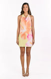 Zyla Yellow Hibiscus Floral Print Cowl Mini Dress