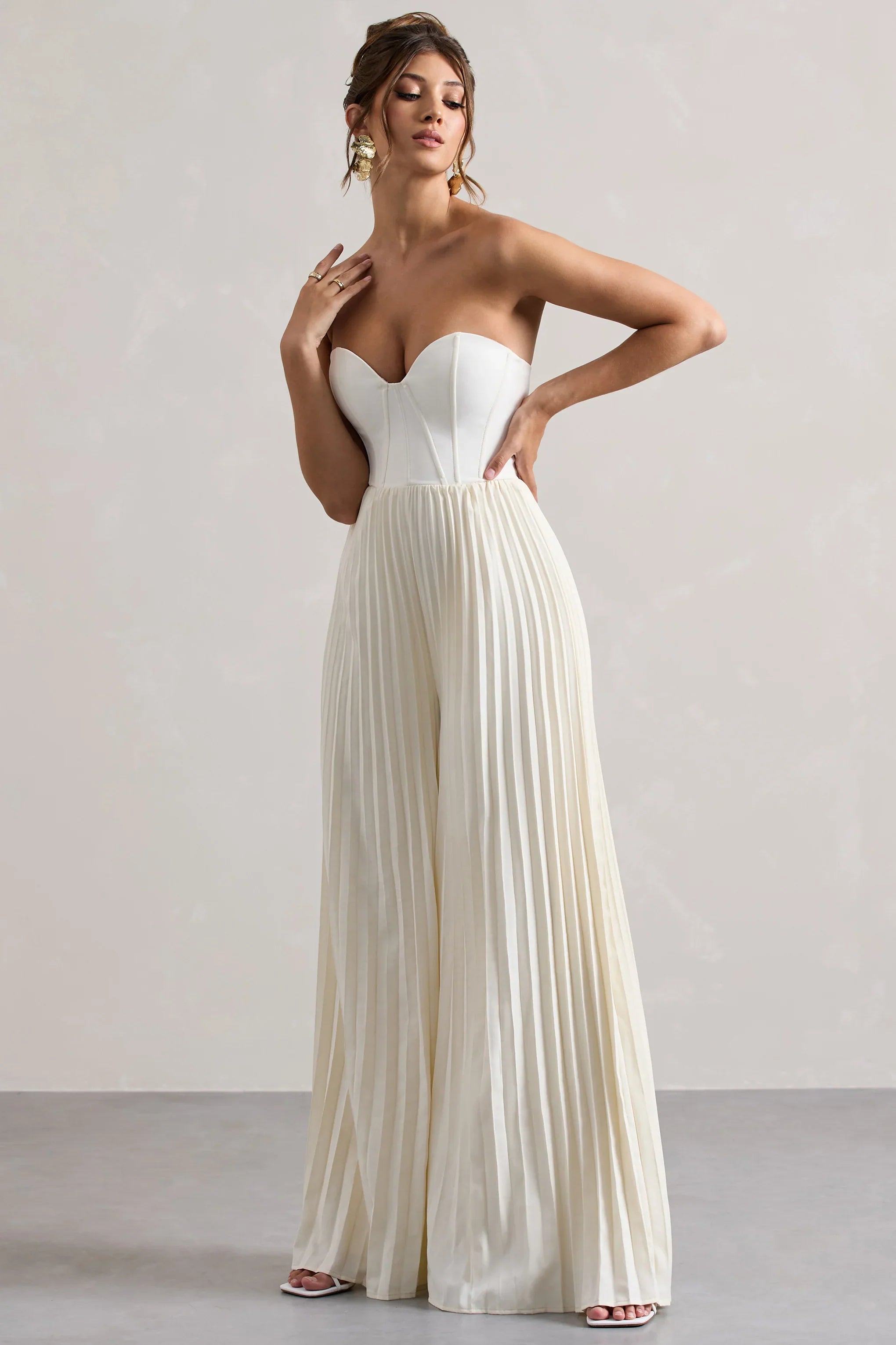 Lorelai Cream Corset Plisse Wide Leg Jumpsuit