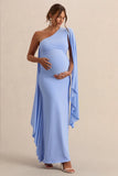 Shanae Light Blue Asymmetric Neck Maternity Maxi Dress With Cape Sleeve And Gathered Detailing