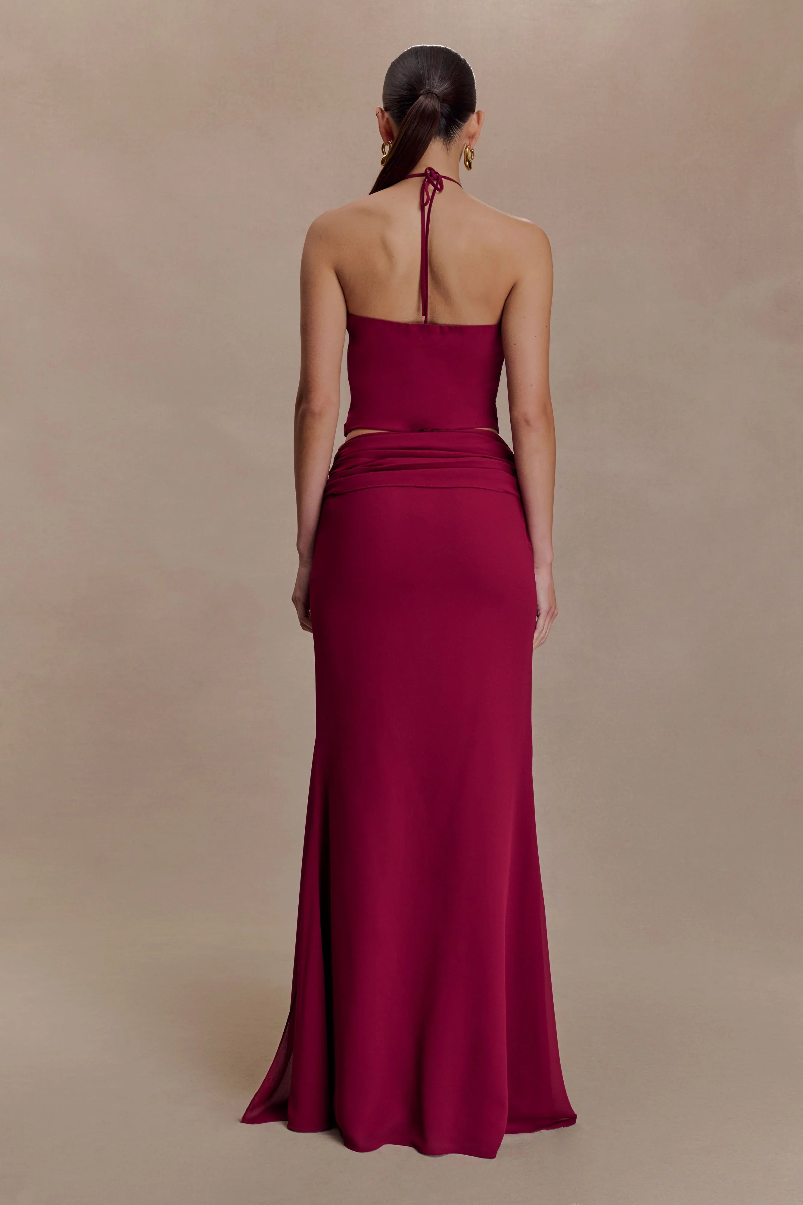 Celina Chiffon Halter Top With Hardware Cherry Red