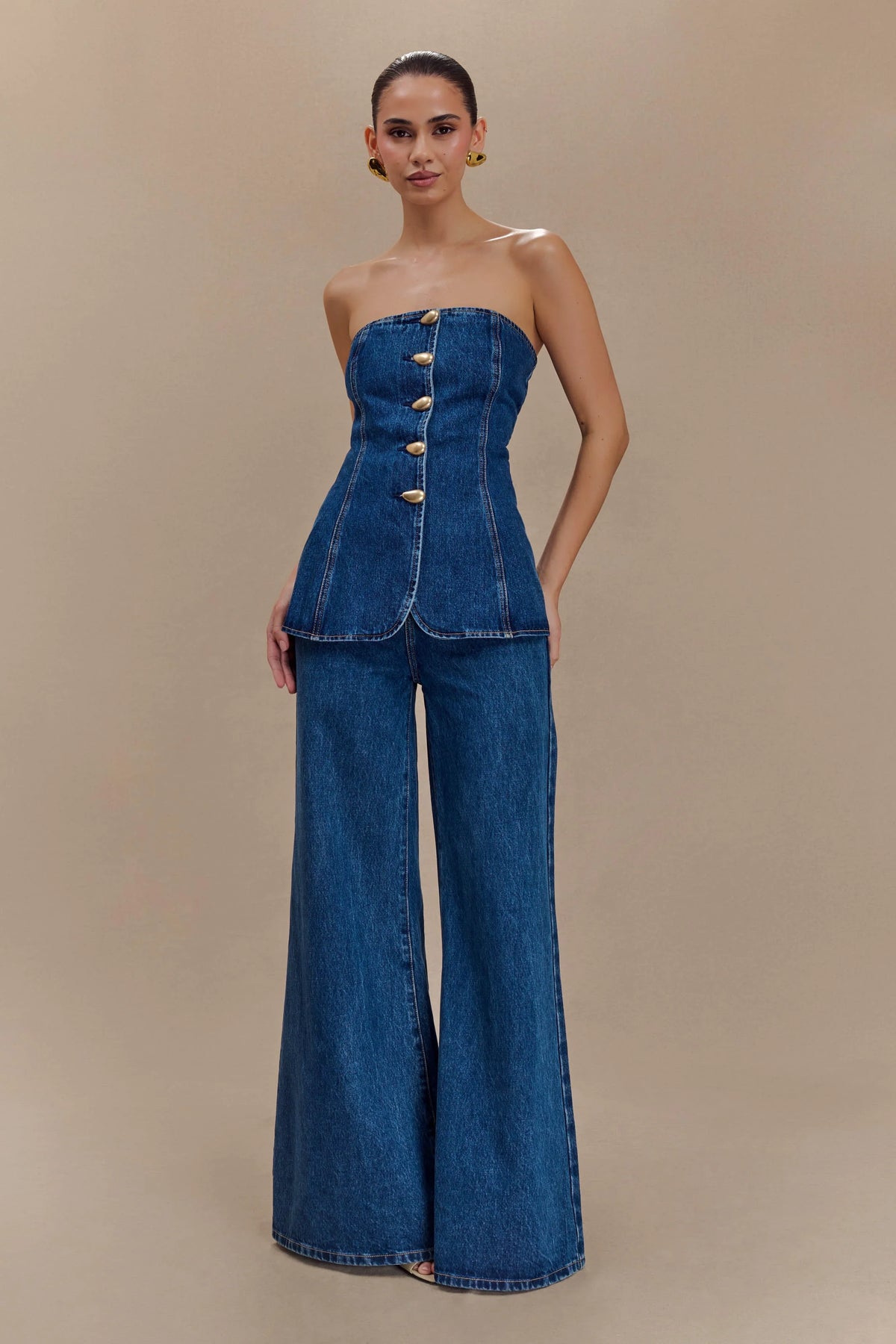 Jen Wide Leg Flare Denim Jeans Dark Blue