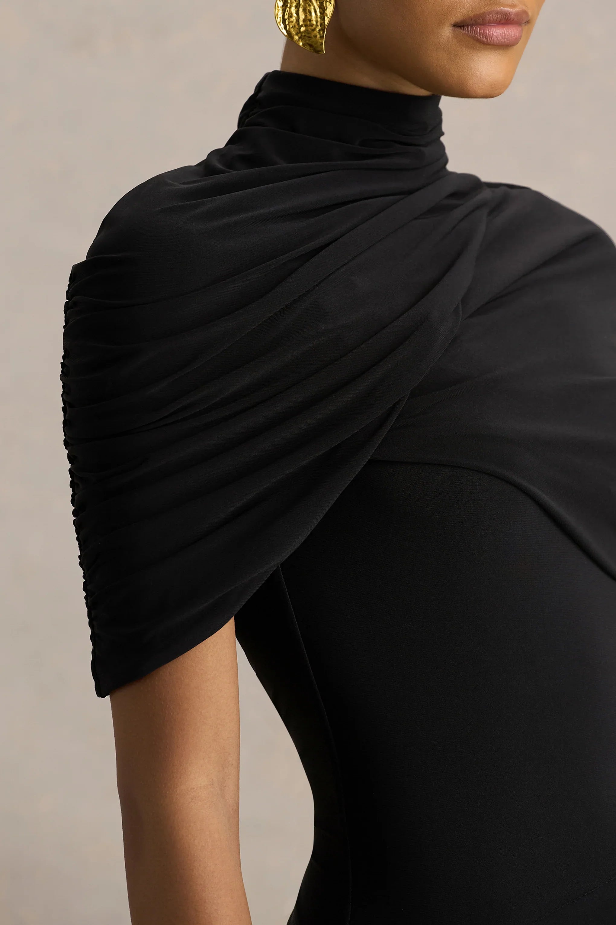 Enchant Black Asymmetric Twisted Cape Midi Dress