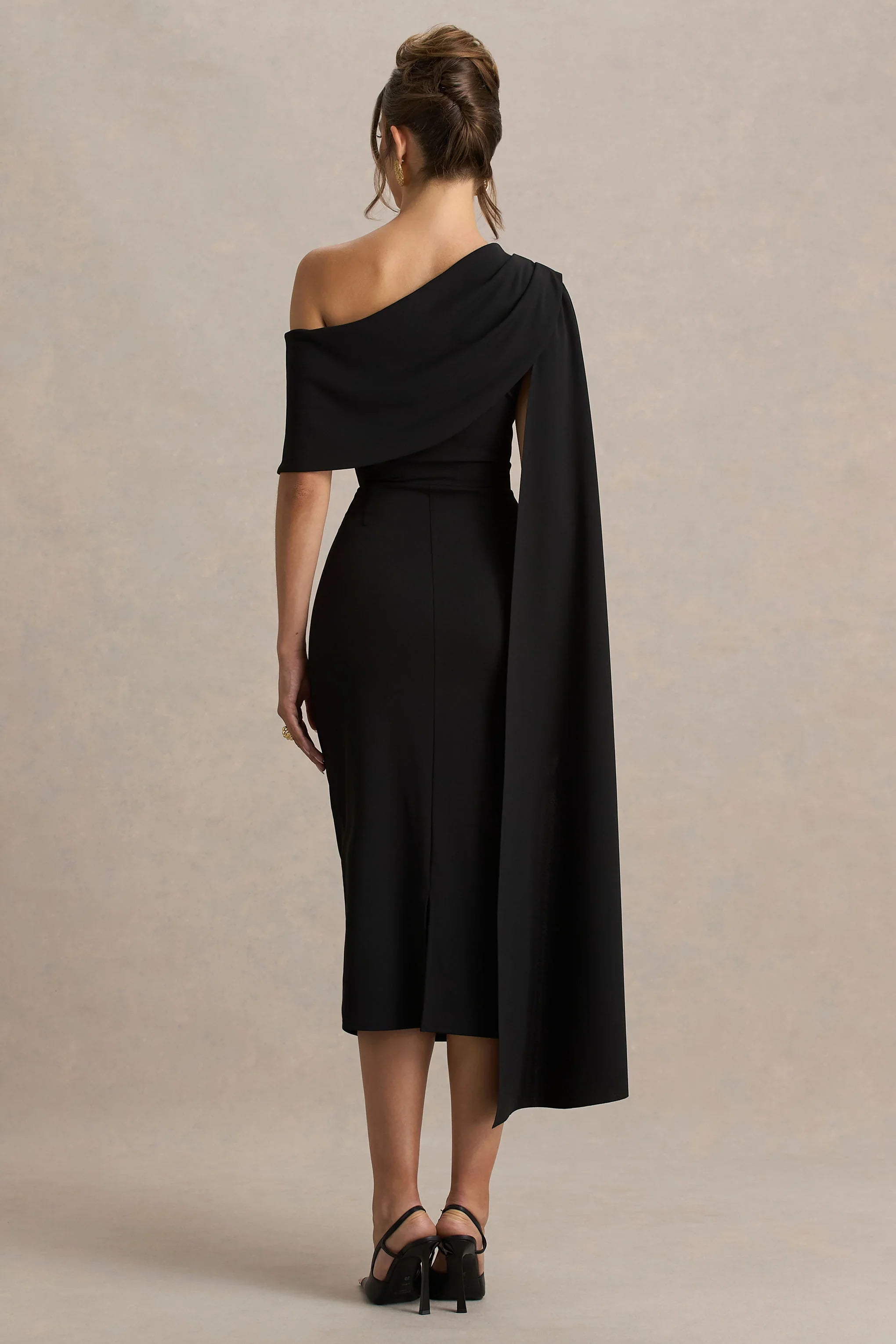 Leah Black Asymmetric Neck Midi Dress With Cape Sleeve