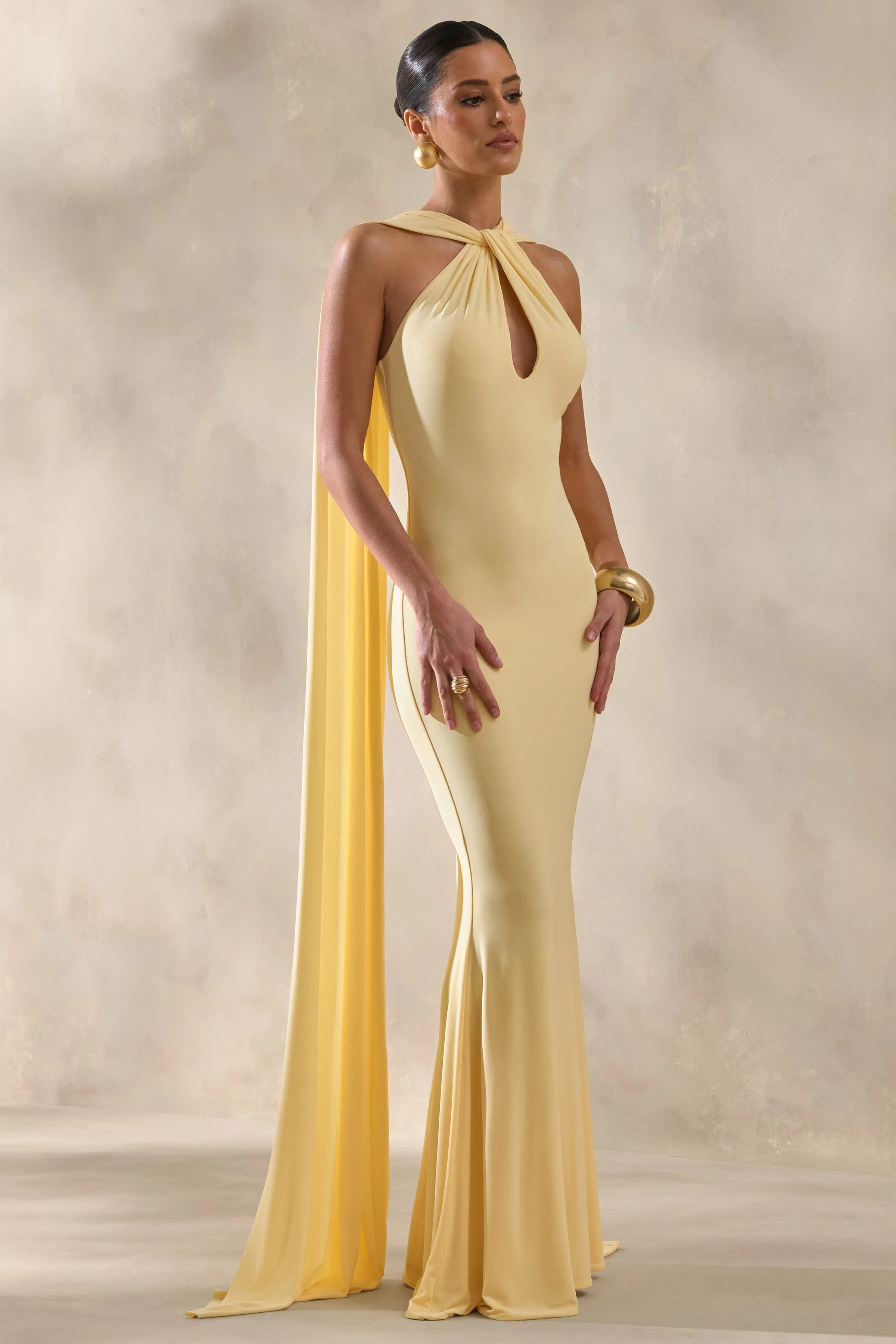 Rhoda Lemon Twist Halter Neck Cape Maxi Dress