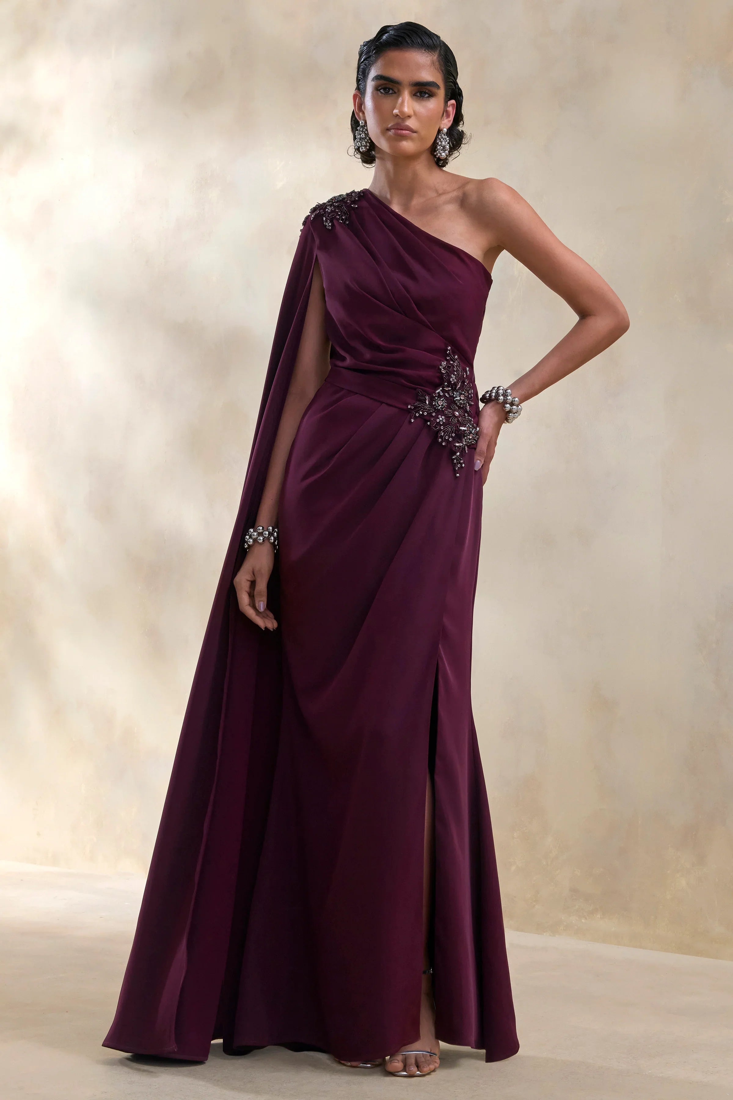 Solace Dark Plum Asymmetric Neck Maxi Dress With Front High Split