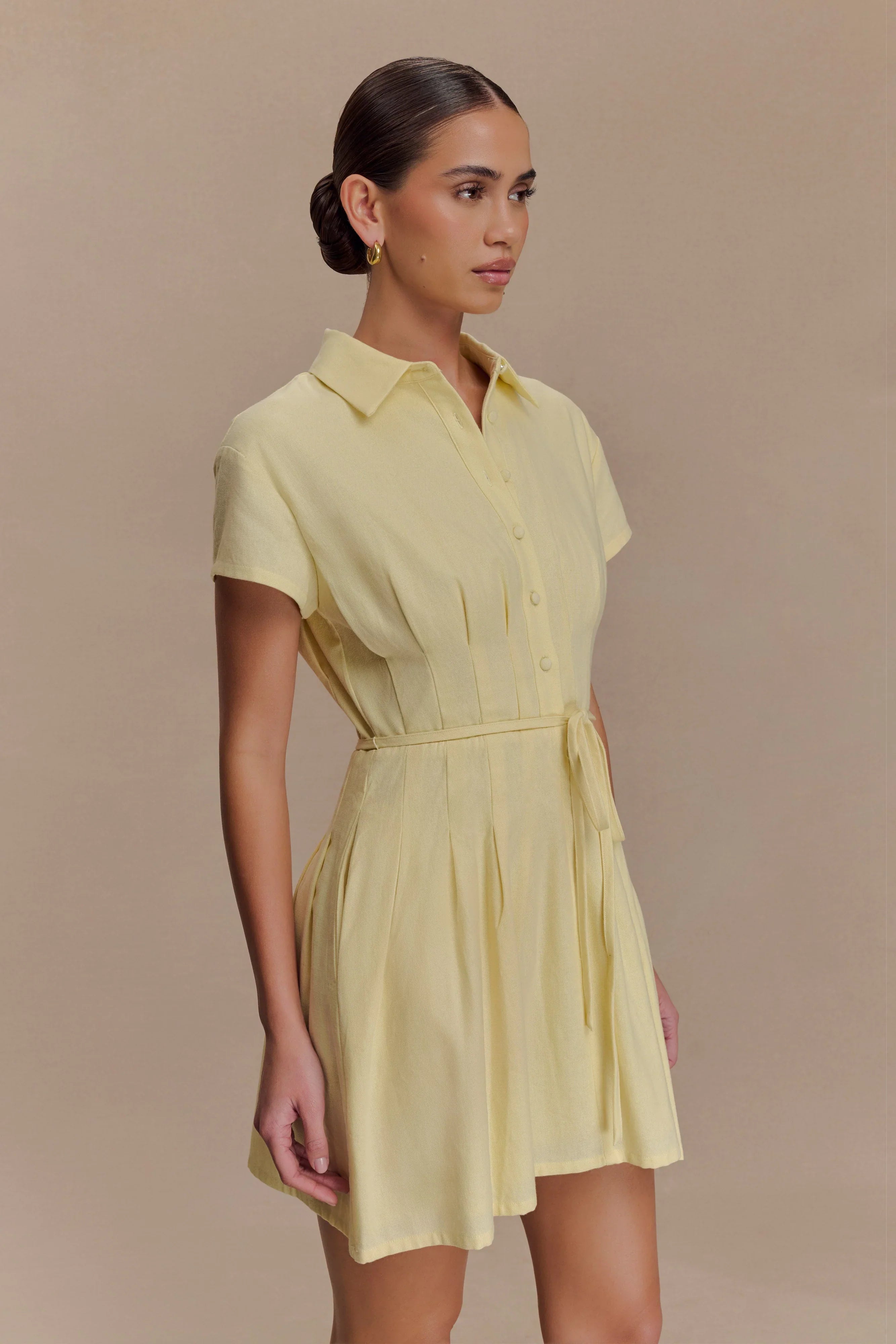 Aysha Buttoned Linen Mini Dress Lemon