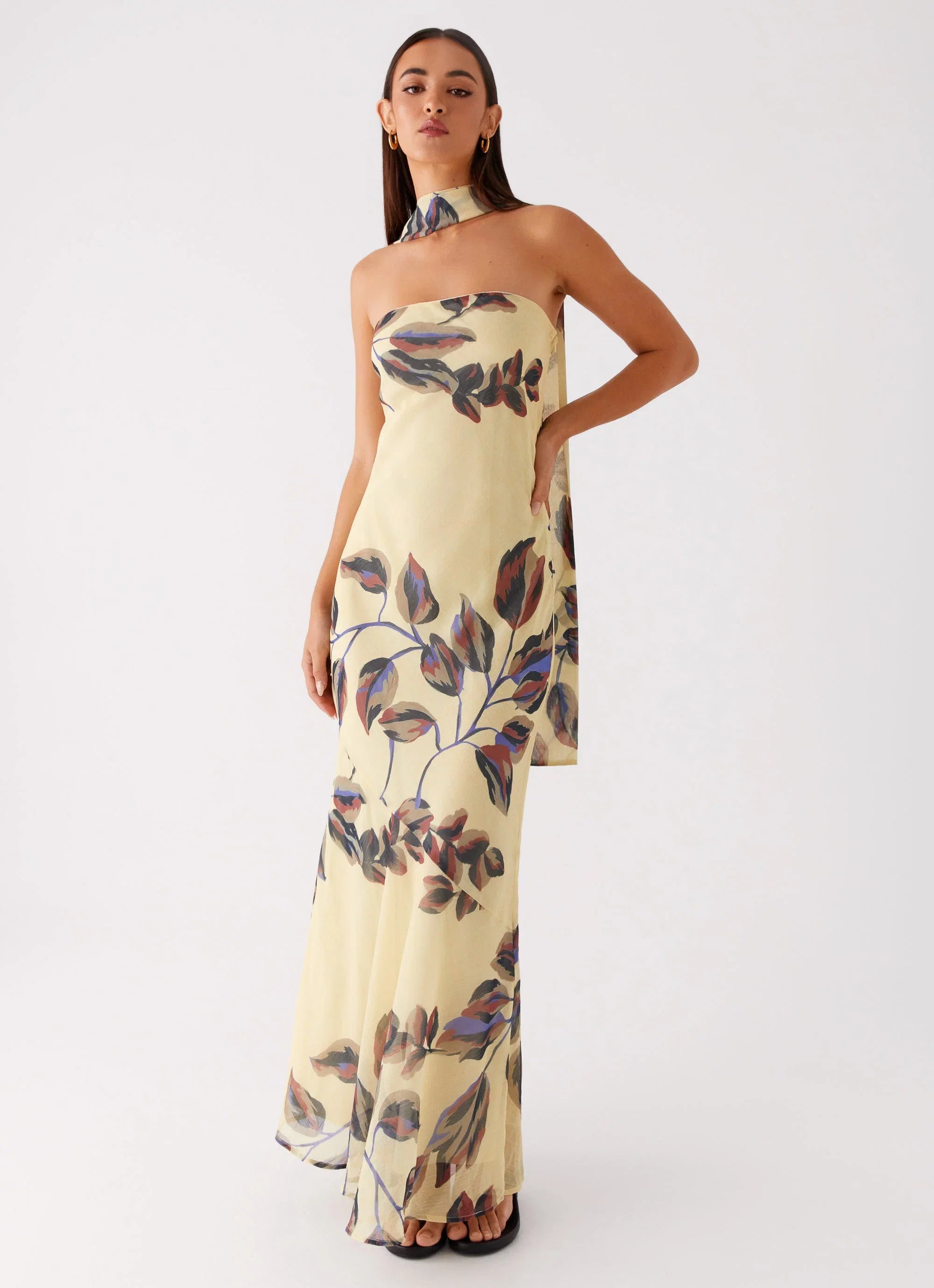 Under The Pagoda Maxi Dress Buttercream Leaf Print
