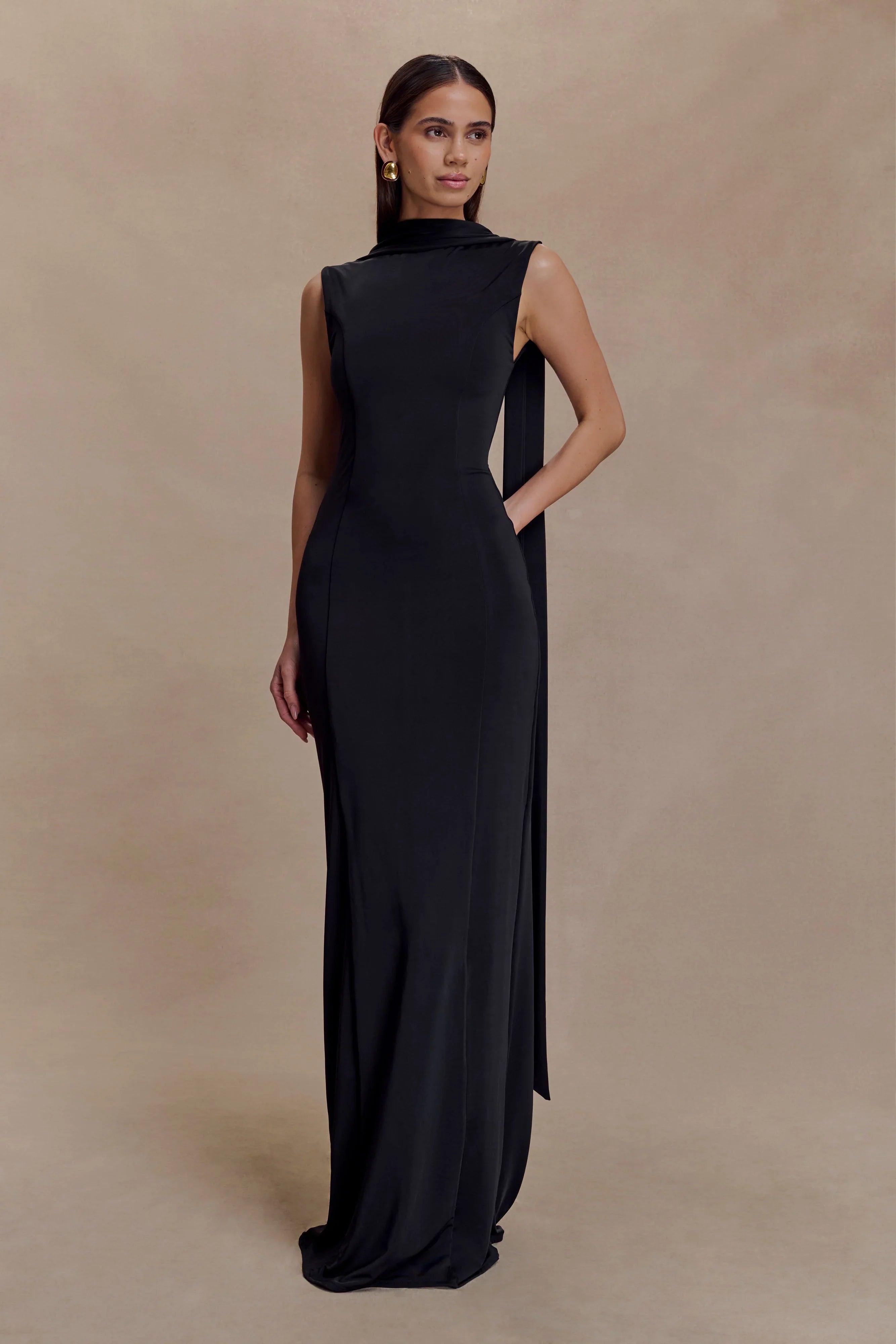 Wisteria Slinky Maxi Dress With Scarf Black