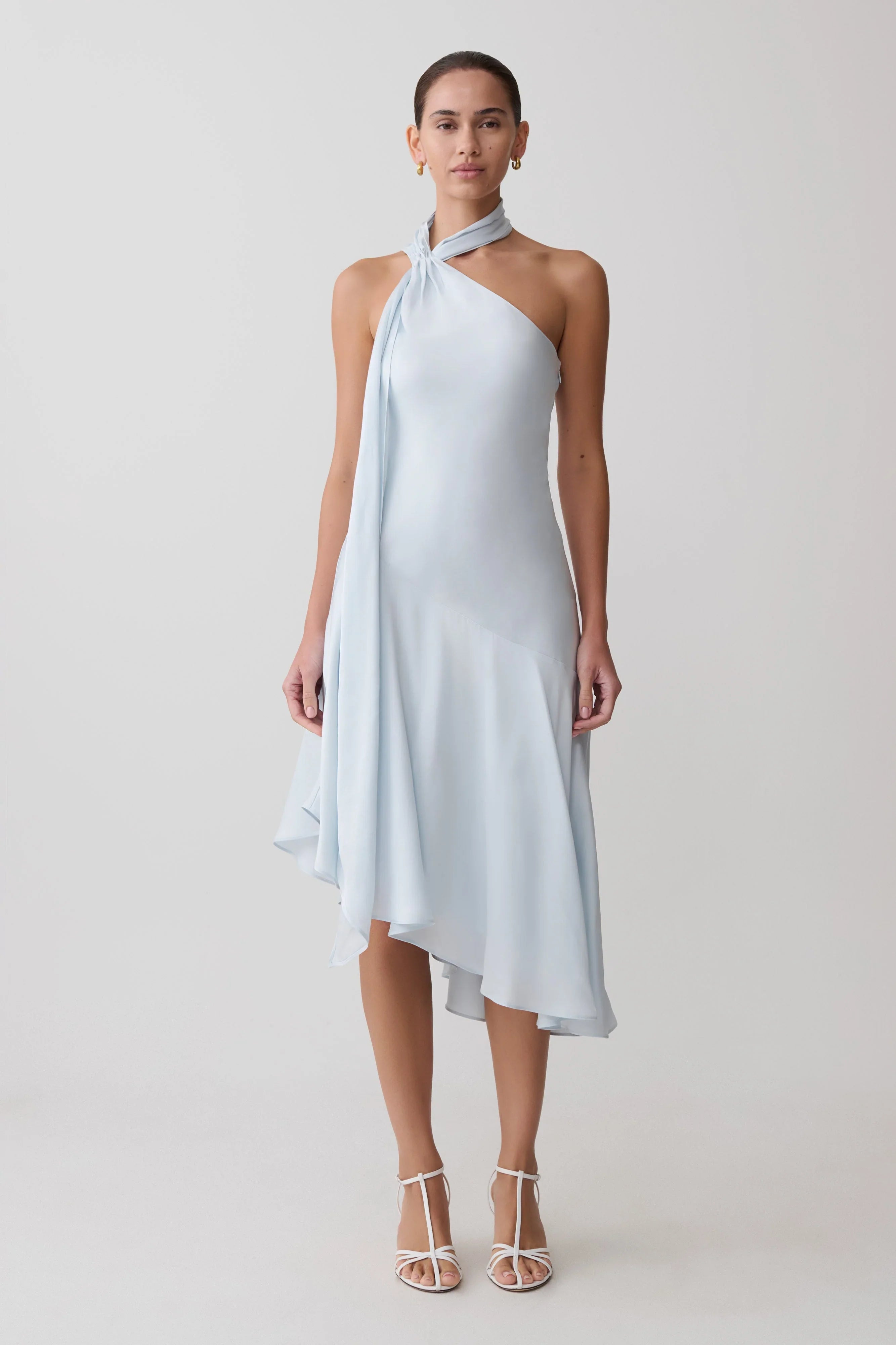 Evelina Halter Asymmetric Hem Midi Dress Ice Blue