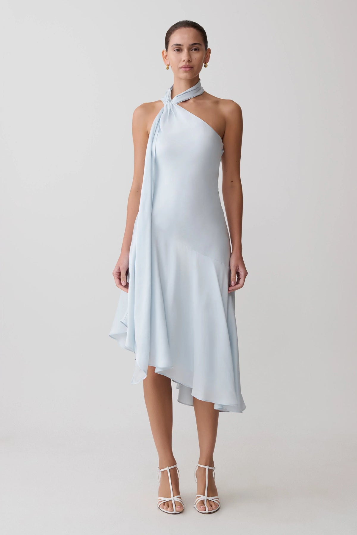 Evelina Halter Asymmetric Hem Midi Dress Ice Blue