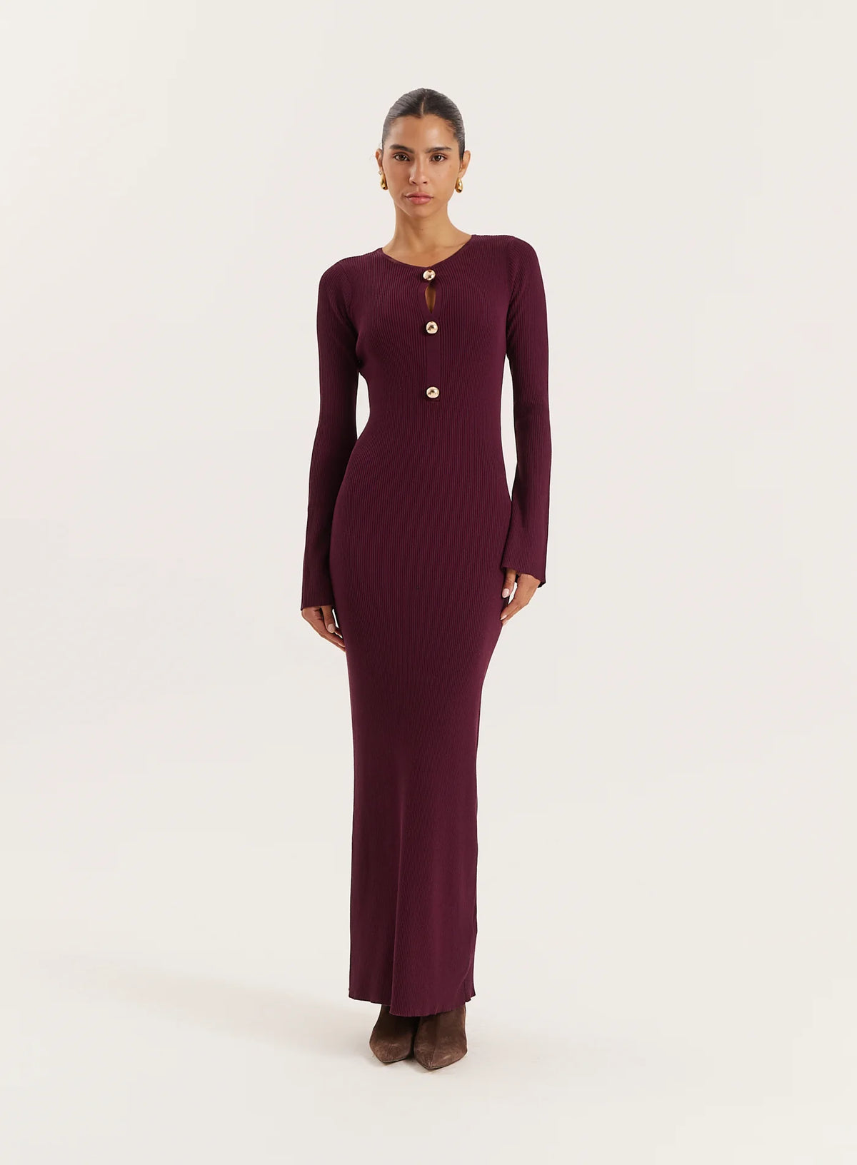 Plum Cut Out Flare Sleeved Knitted Maxi Dress